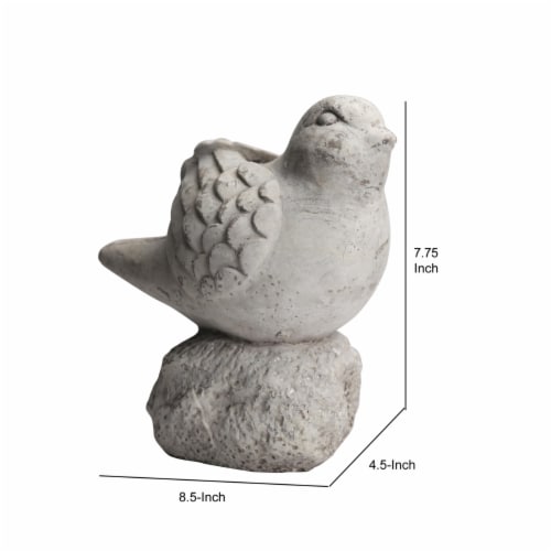 Cement Bird Figurine Sitting on a Hollow Rock, Large, Distressed Gray- Saltoro Sherpi Perspective: left