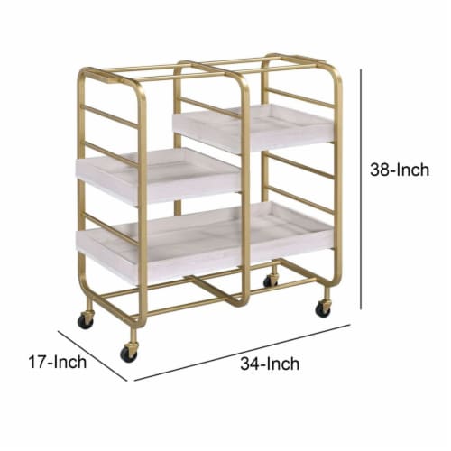 Metal Frame Serving Cart with Adjustable Compartments,Gold and Washed White- Saltoro Sherpi Perspective: left