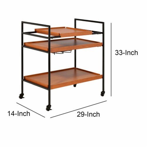 Metal Frame Serving Cart with Adjustable Compartments, Oak Brown and Black- Saltoro Sherpi Perspective: left