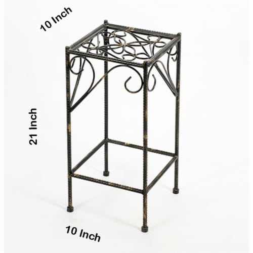 Benjara BM216724 Scrolled Metal Frame Plant Stand with Square Top, Black - Medium Perspective: left