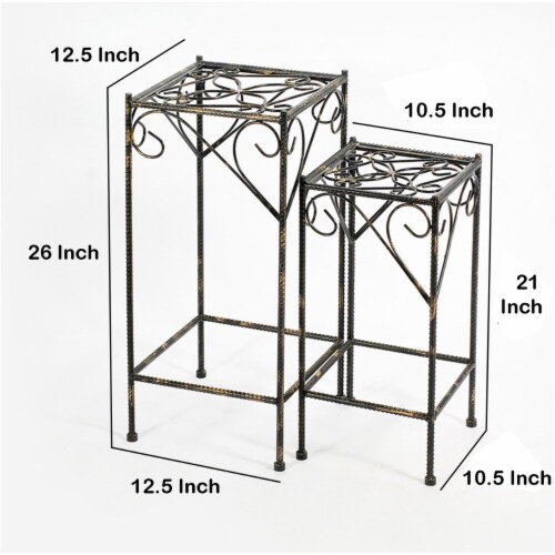 Benjara BM216726 Scrolled Metal Frame Plant Stand with Square Top, Black - Set of 2 Perspective: left