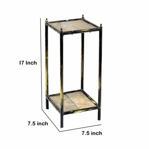 Benjara BM216732 2 Tier Square Stone Top Plant Stand with Metal Frame, Black & Gray - Small Perspective: left