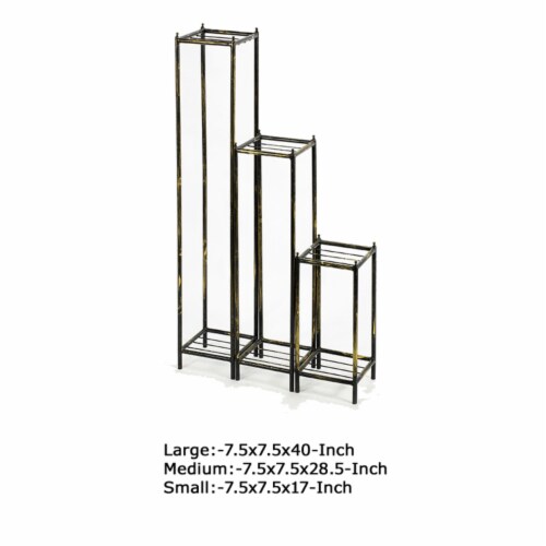 Benjara BM216735 2 Tier Square Slatted Top Plant Stand, Black & Gold - Set of 3 Perspective: left