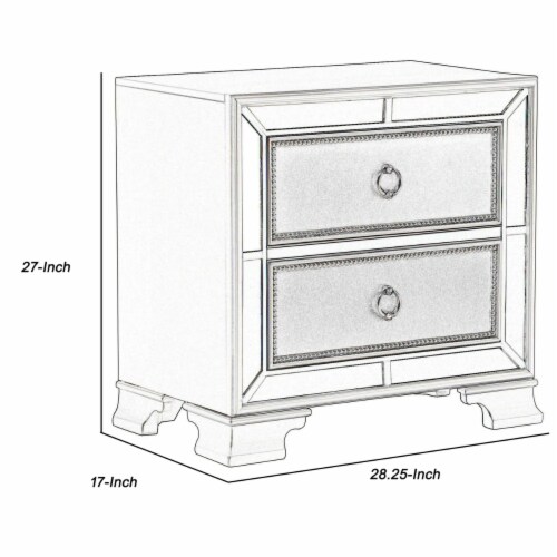 2 Drawer Wooden Nightstand with Mirror Trim and Ring Pulls, Silver Perspective: left