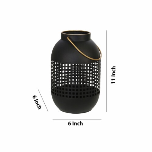 11 Inches Metal Lantern, Modern, Cage Design, Handle, Black and Gold- Saltoro Sherpi Perspective: left