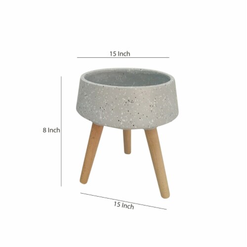 Ceramic Body Planter with Wooden Angled Legs, Set of Two, Gray and Brown- Saltoro Sherpi Perspective: left