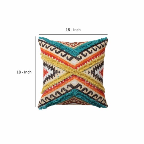 18 x 18 Handwoven Cotton Accent Pillow with Lace Embellishment, Multicolor Perspective: left