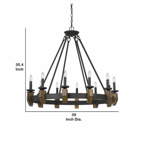 12 Bulb Round Metal Chandelier with Candle Lights and Wooden