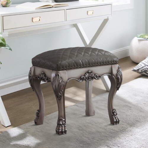 Traditional Wooden Vanity Stool with Leatherette Set and Clack Legs, Gray- Saltoro Sherpi Perspective: left