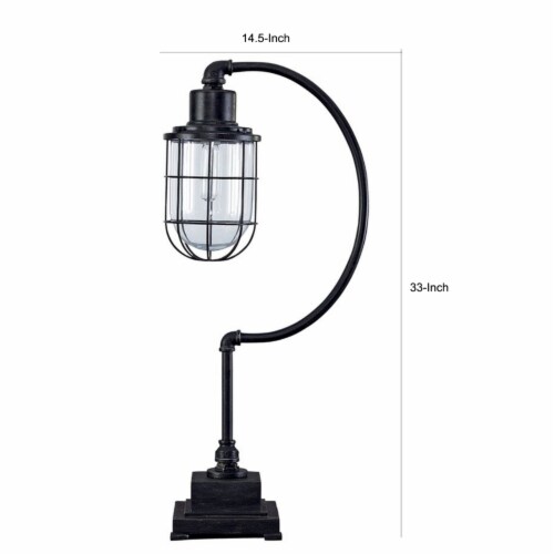 Metal Desk Lamp with Block Base and Glass Shade, Black- Saltoro Sherpi Perspective: left