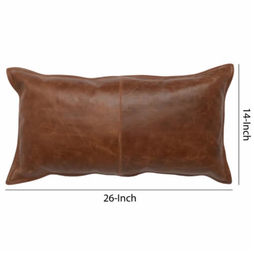 Leatherette Throw Pillow with Stitched Details and Flanged Edges, Brown Perspective: left