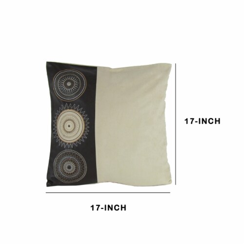 Leatherette and Fabric Accent Pillow, Cream and Brown Perspective: left