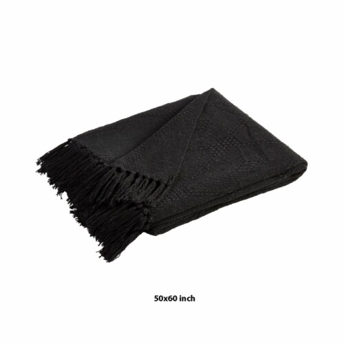 Lyon Fabric Throw with Textured Waffle Weave Design The Urban Port, Set of 2, Black- Saltoro Perspective: left