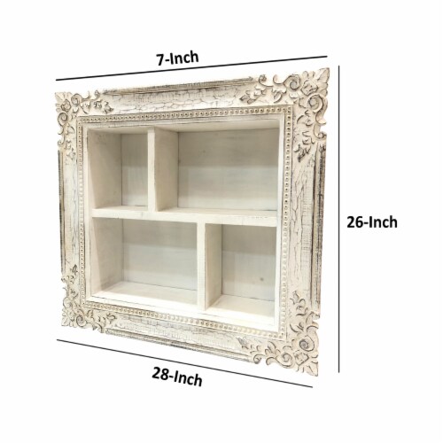 28 Inch Rectangular Wall Mount Mango Wood Shelf 4 Compartments