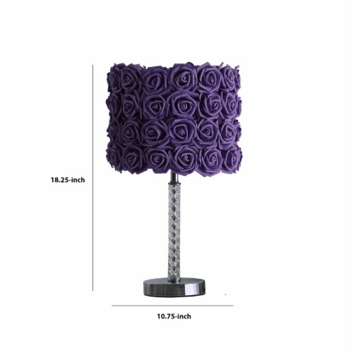 Bloom Roses Drum Shade Table Lamp with Twisted Acrylic Base, Purple- Saltoro Sherpi Perspective: left