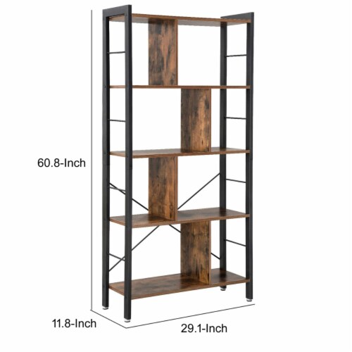 4 Tier Wood and Metal Bookcase with Crossbars, Brown and Black Perspective: left