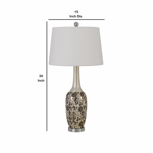 150 Watt Leaf Engraved Ceramic Base Table Lamp, Silver and Black- Saltoro Sherpi Perspective: left