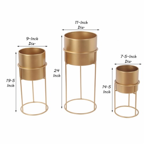 3 Piece Round Metal Planter with Tubular Base, Gold- Saltoro Sherpi Perspective: left