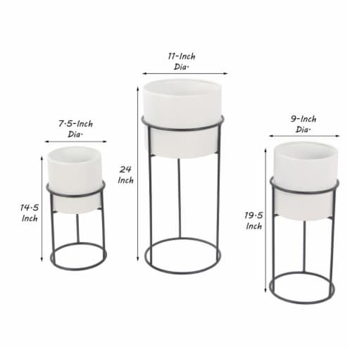 3 Piece Round Metal Planter with Tubular Base, White and Black- Saltoro Sherpi Perspective: left