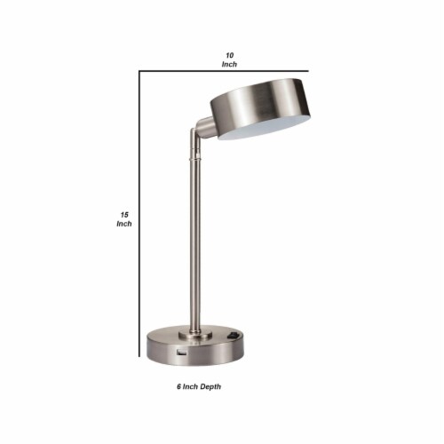 Adjustable Round Shade Metal LED Table Lamp with USB Plugin, Silver- Saltoro Sherpi Perspective: left