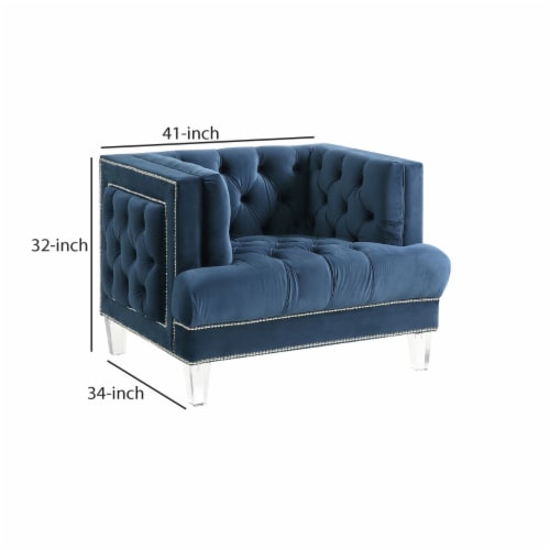 Velvet Upholstered Chair with Tufted Details and Acrylic Legs, Blue- Saltoro Sherpi Perspective: left