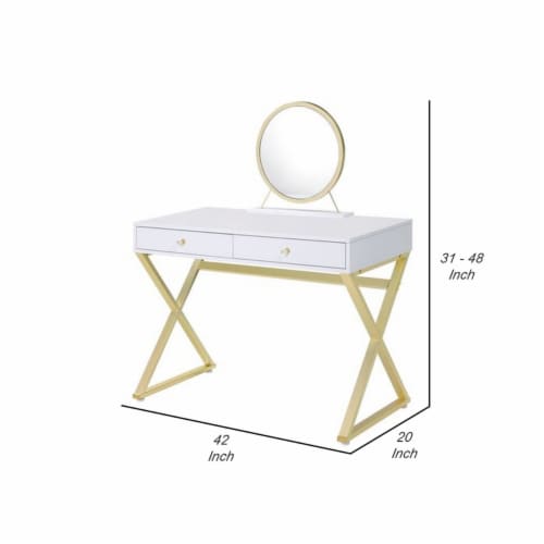 Vanity Desk with Removable Mirror and Cross Metal Legs, White and Gold- Saltoro Sherpi Perspective: left