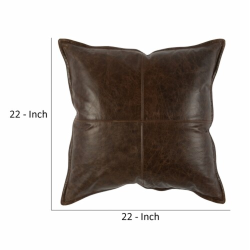 Square Leatherette Throw Pillow with Stitched Details, Dark Brown Perspective: left