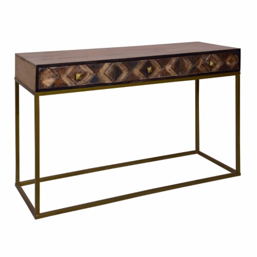 51 Inch 3 Drawer Mango Wood Console Table, Diamond Textured Panels, Metal Frame, Brown Perspective: left
