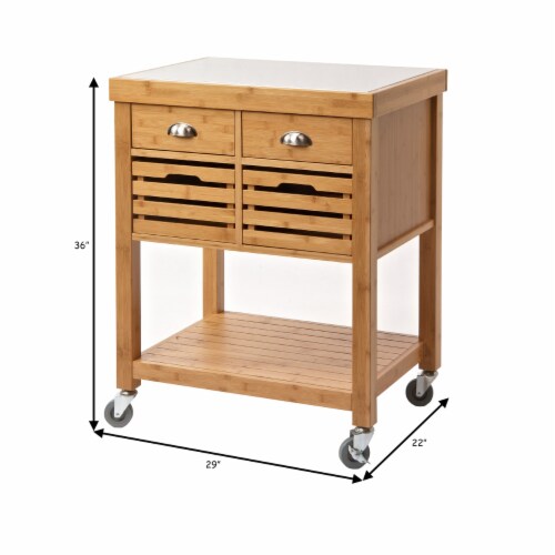 36 Inch Bamboo Kitchen Cart Island, 2 Drawers, Stainless Steel Top, Brown- Saltoro Sherpi Perspective: left