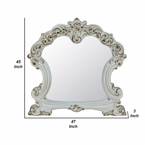 Jess 47 Inch Classic Mirror, Beveled Scrolled Carved Trim, Wood, White- Saltoro Sherpi Perspective: left