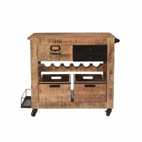 31 Inch Handcrafted Rustic Mango Wood Bar Cart Trolly with 3 Drawers and 6 Wine Bottle Perspective: left