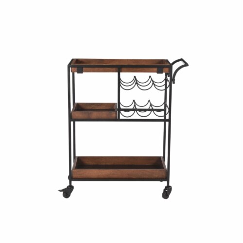 30 Inch Handcrafted Mango Wood Bar Serving Cart with Caster Wheels, 6 Bottle Holders, Tray Perspective: left