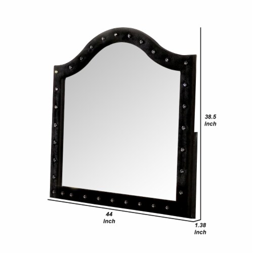 44 Inch Wall Mirror, Velvet Wrapping, Button Tufting, Black Perspective: left