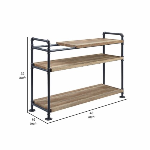 Ley 48 Inch 3 Tier Industrial Style Bookshelf, Metal, Brown, Black- Saltoro Sherpi Perspective: left