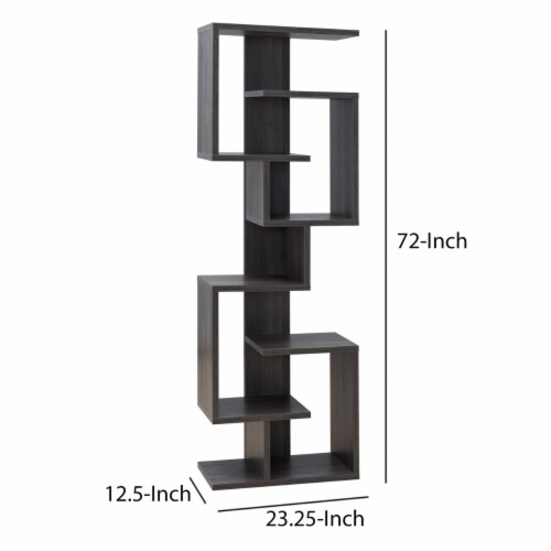 Andy 72 Inch Wood Bookcase, Geometric 7 Multi Layered Shelves, Gray Perspective: left