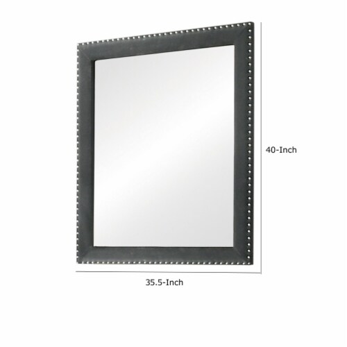 Cale 40 Inch Modern Portrait Mirror, Velvet Upholstery, Nailhead Trim, Gray Perspective: left