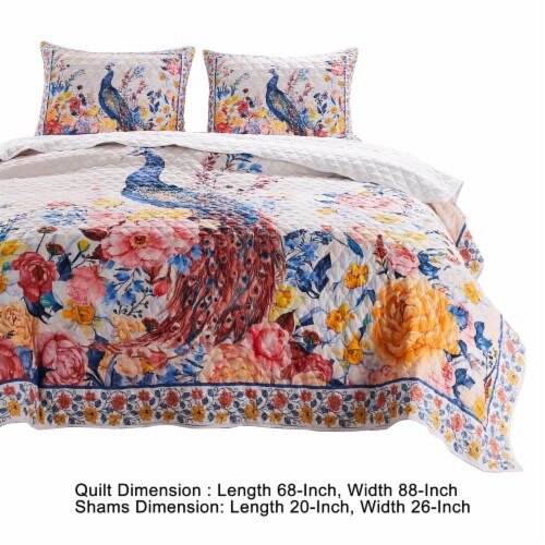 Tess Microfiber 2 Piece Twin Quilt Set, Peacock, Floral Print, Multicolor Perspective: left