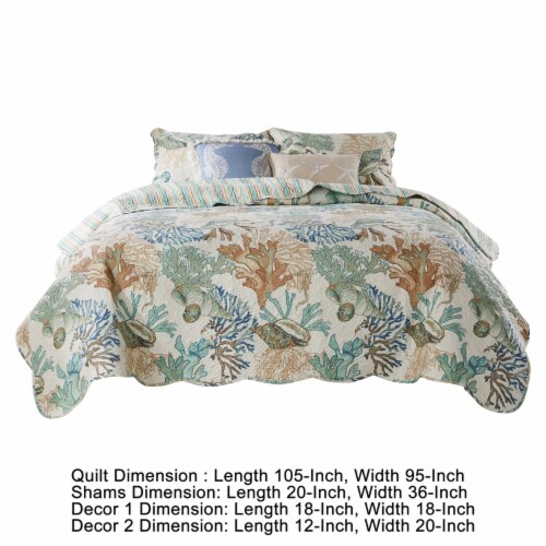 Wade 5 Piece King Quilt Set, Ocean Design, Scalloped Edges, Floral Pattern Perspective: left
