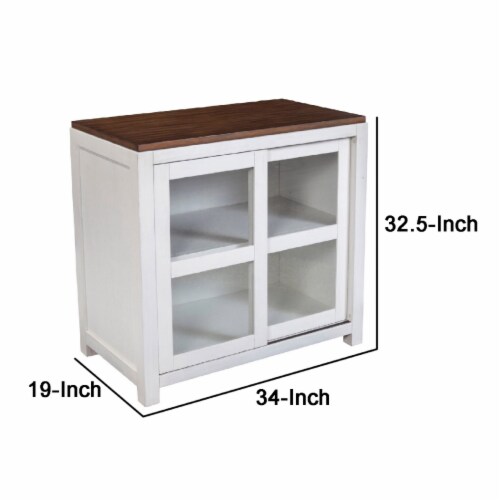 Dan 37 Inch Accent Storage Cabinet, Window Pane Sliding Door, Brown, White- Saltoro Sherpi Perspective: left