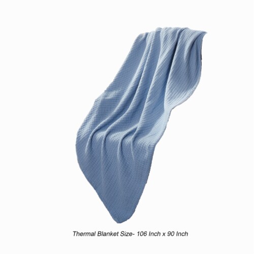 Nyx King Size Ultra Soft Cotton Thermal Blanket, Textured Feel, Blue- Saltoro Sherpi Perspective: left