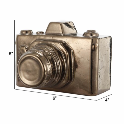 6 Inch Decorative Camera Table Top Accent, Distressed Gold Finish Ceramic, Saltoro Sherpi Perspective: left