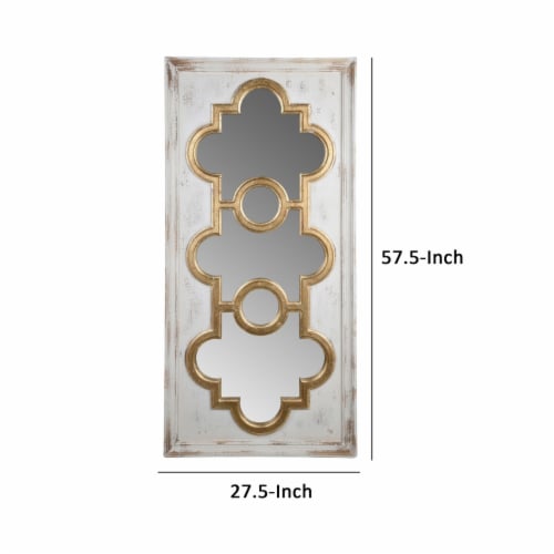 58 Inch Decorative Accent Mirror, Gold Ornate Trim over White Fir Wood- Saltoro Sherpi Perspective: left