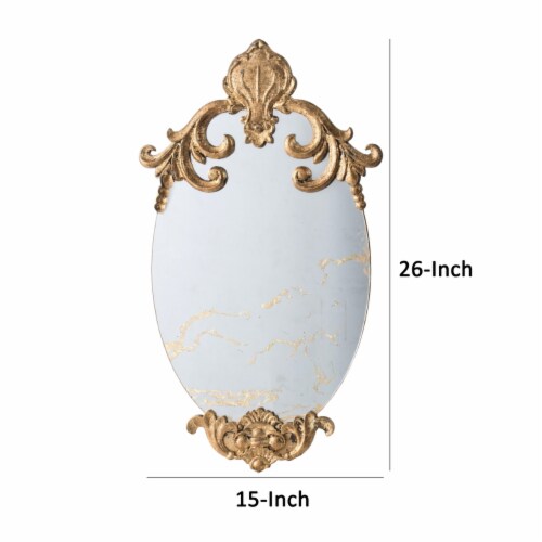 Vic 26 Inch Oval Wall Mirror, Ornate Scrolled Wood Frame, Gold Finish- Saltoro Sherpi Perspective: left