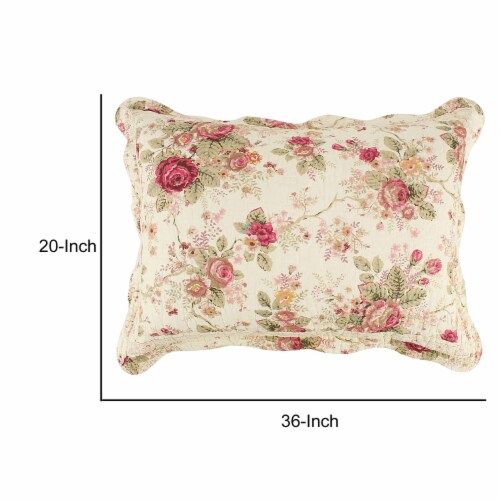Lisbon 36 Inch King Size Pillow Sham, Red and Gold Cotton, Roses, Ties- Saltoro Sherpi Perspective: left