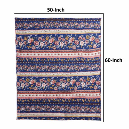 Pico 60 Inch Throw Blanket, Polka Dots and Blue Flowers, Blue Microfiber- Saltoro Sherpi Perspective: left
