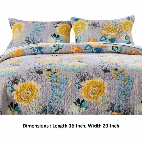 Minsk 20 x 36 King Size Pillow Sham, Yellow Flowers, Gray Cotton Fabric- Saltoro Sherpi Perspective: left