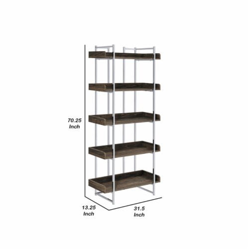 Pam 70 Inch Bookcase, 5 Wood Shelves with Raised Edges, Chrome Metal Frame- Saltoro Sherpi Perspective: left