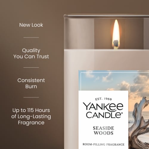 Yankee Candle Medium Pillar Scented Candle with up to 115 Hour Burn Time, 14.25 oz, Seaside Woods Perspective: left