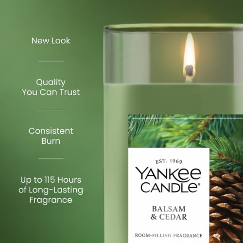 Yankee Candle Medium Pillar Scented Candle with up to 115 Hour Burn Time, 14.25 oz, Balsam & Cedar Perspective: left