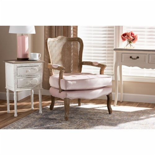 Baxton Studio Vallea Velvet Fabric and Oak Wood Accent Chair in Light Pink Perspective: left